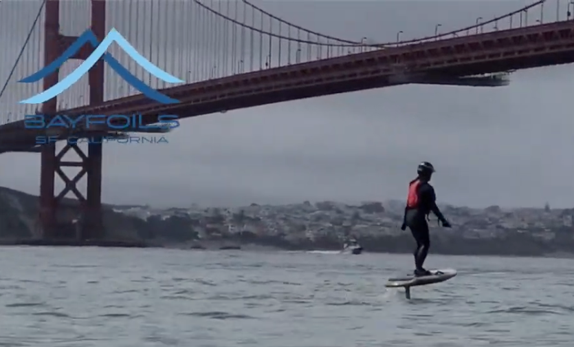 Riding under the Golden Gate Bridge on an e-foil